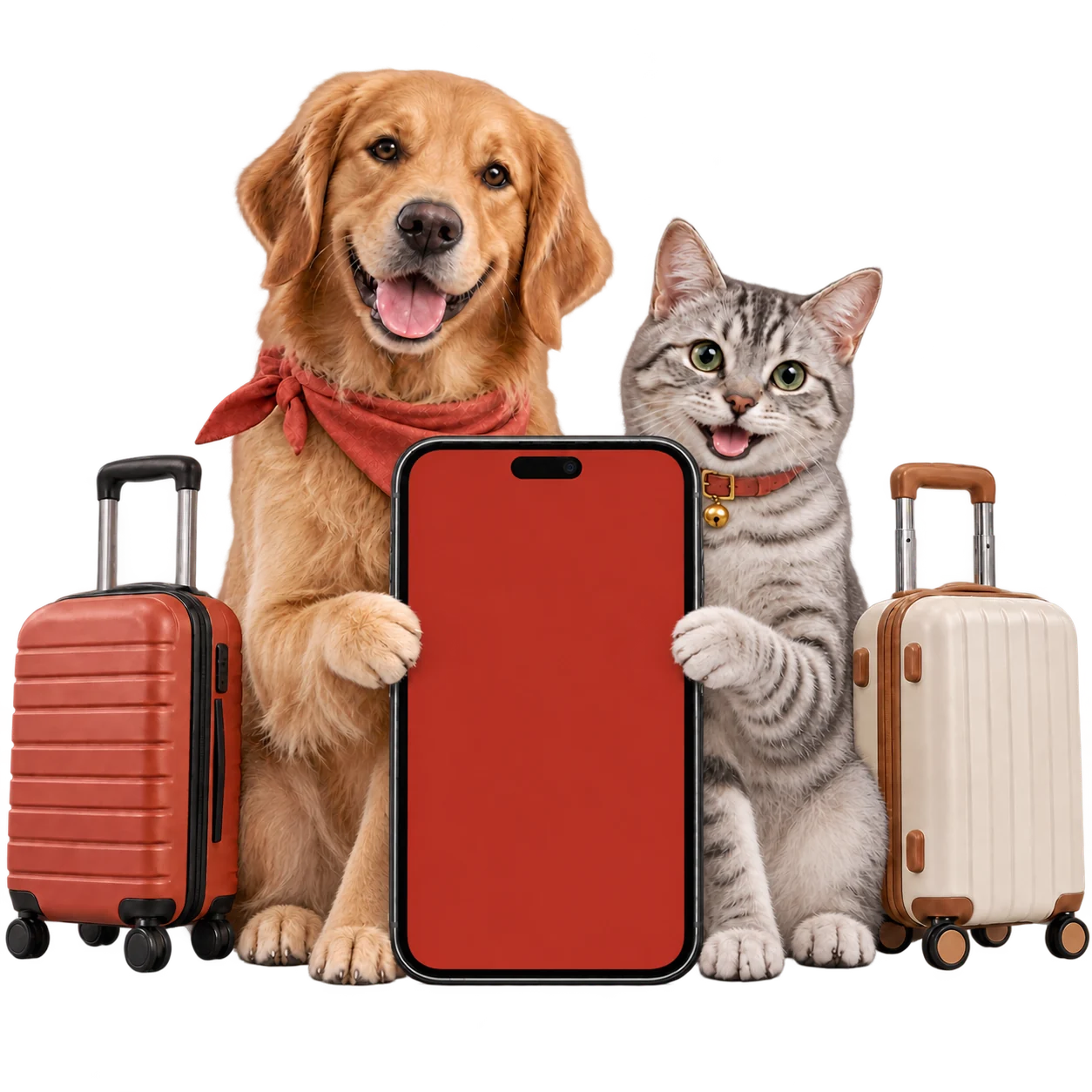 Perro y gato con sus maletas junto a un celular con el seguimiento digital de PetGo