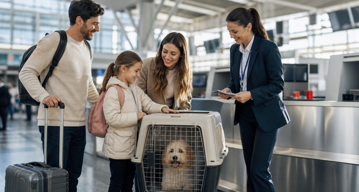 Mascota en kennel lista para viajar en aeropuerto